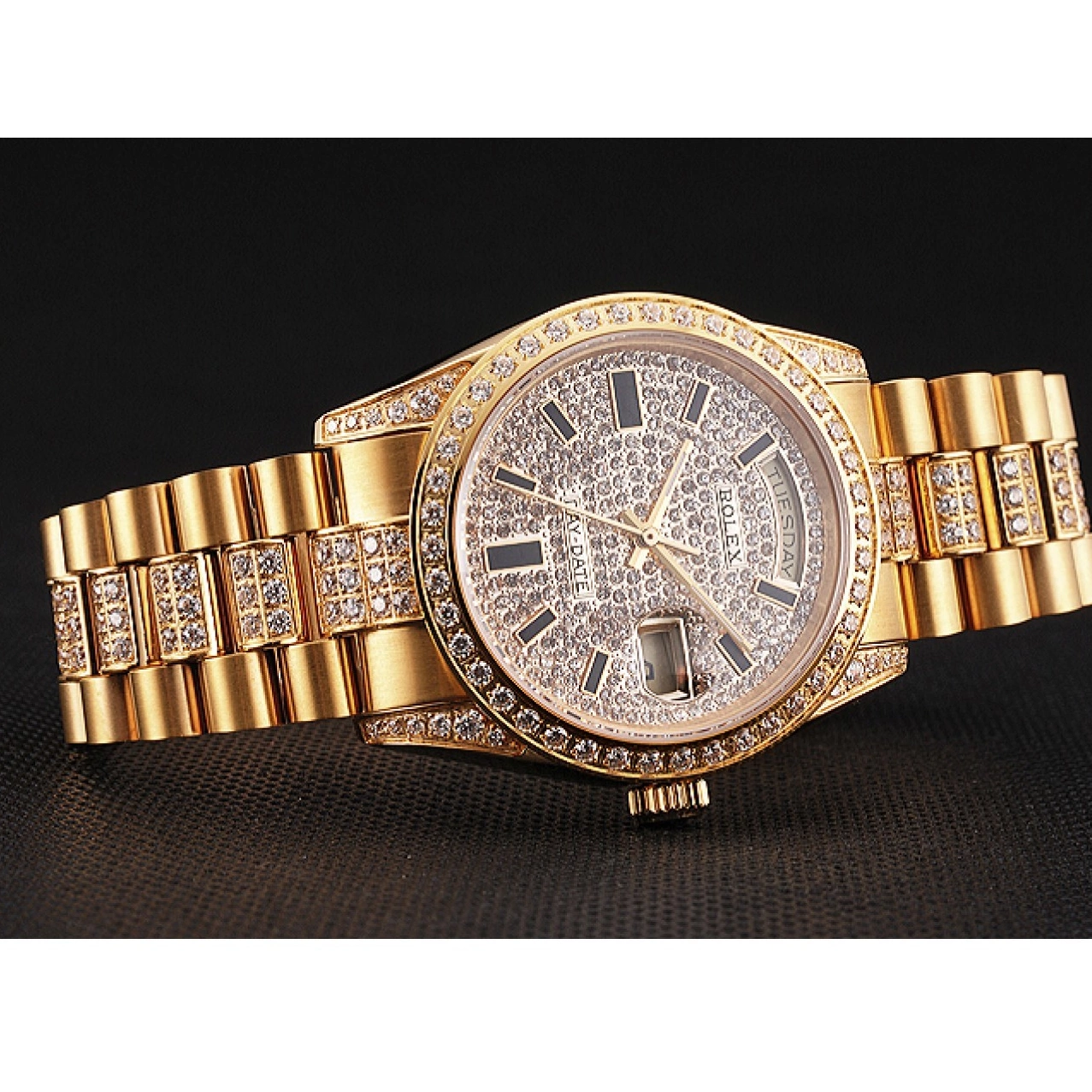 AAA replica watch Pave Gold Yellow Rolex Diamond Swiss Day Date 0625